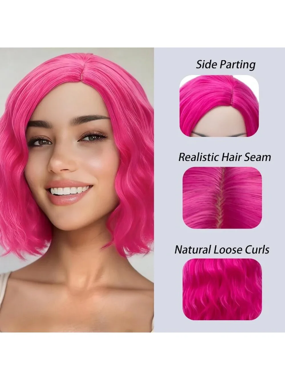 Women's 14 Inch Hot Pink Wavy Bob Wig Short Curly Synthetic Heat Resistant